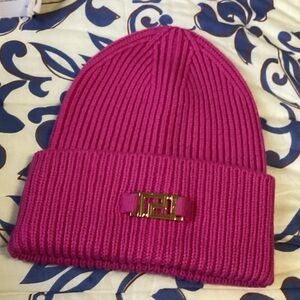 Versace Greca wool ribbed beanie in pink. NWT